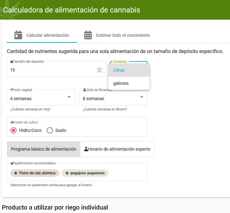 Calculadora de nutrientes para el cannabis